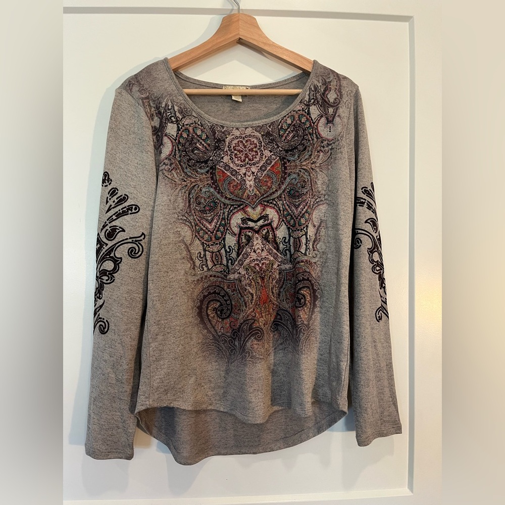 Y2K paisley print boho whimsigoth maximalist long sleeve top sz M